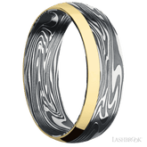 7 mm wide/Domed/Kinetic band with one 2 mm Off Center Edge inlay of 14K Yellow Gold